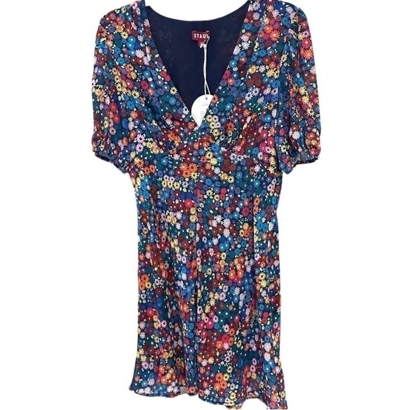 STAUD Milla Floral-Print Crêpe de Chine Short Puff Sleeve V Neck Mini Dress NEW - Picture 9 of 12